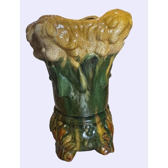 Vintage Majolica Style Glazed Ceramic Vase Putti Cherubs Green & Yellow Floral - Picture 2 of 9